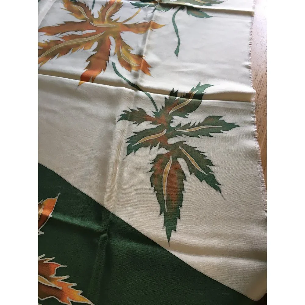 Green cream 34”x36” scarf with decorative fall look leaves